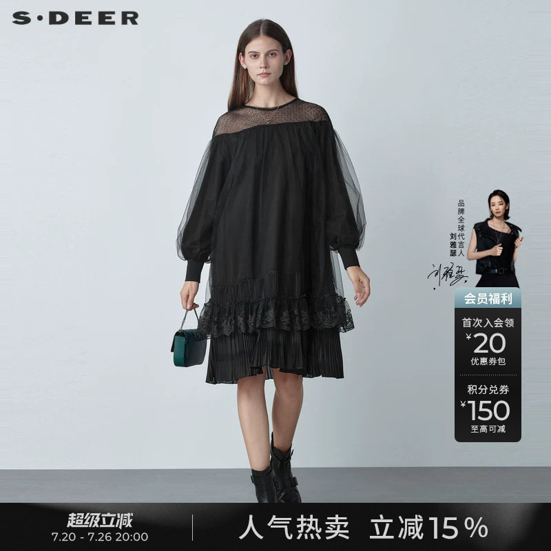 sdeer圣迪奥春秋装优雅圆领网纱蕾丝灯笼袖黑色连衣裙女S221Z1281