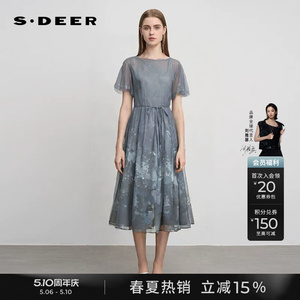 sdeer圣迪奥夏季女装圆领收腰印花网纱泡泡袖连衣裙S242Z12N5