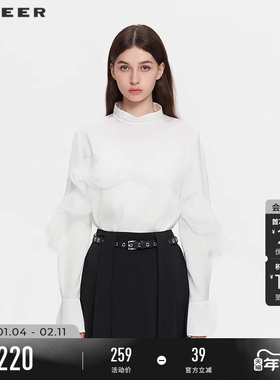 sdeer圣迪奥女装25年新品OL风立领荷叶边宽松垂坠衬衫S253Z0525