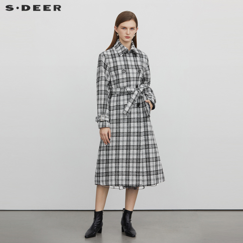 sdeer翻领收腰撞色格纹毛呢大衣