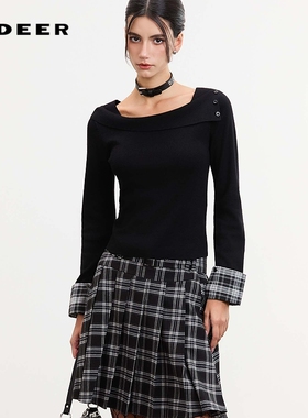 【好物体验专享】sdeer圣迪奥通勤风一字肩格纹针织衫S261Z3504