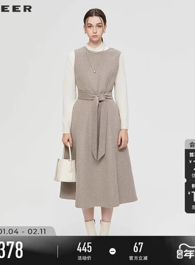 sdeer圣迪奥冬装女装OL风圆领收腰毛呢无袖连衣裙S244Z1203