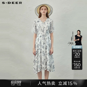 sdeer圣迪奥夏季女V领印花网纱收腰泡泡袖莱赛尔连衣裙S232Z12JS