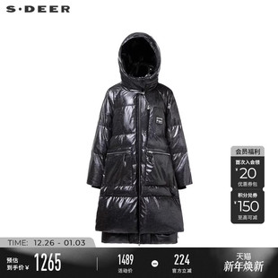 羽绒服S24482403 高领连帽字母亮面宽松长款 sdeer圣迪奥冬季 女装