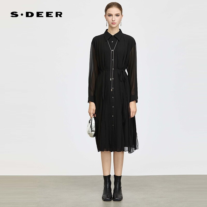 sdeer圣迪奥春装女装清新翻领荷叶边晕染雪纺连衣裙S25181204