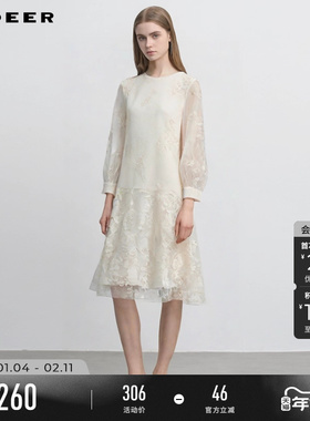 sdeer圣迪奥秋冬季女装清新圆领绣花网纱不规则连衣裙S244Z12B1