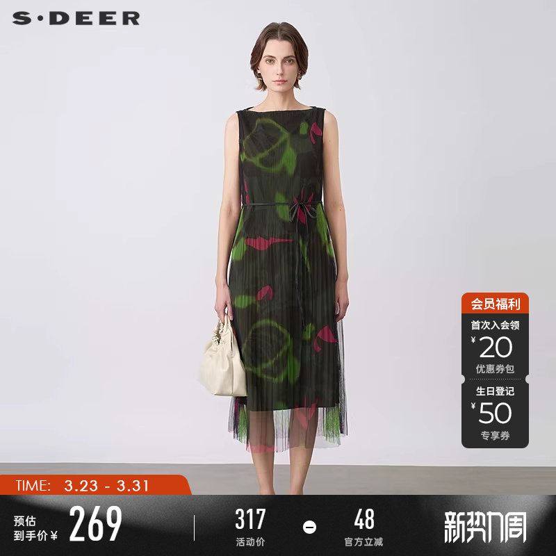 sdeer圣迪奥夏季女装圆领收腰网纱印花无袖连衣裙S24281239