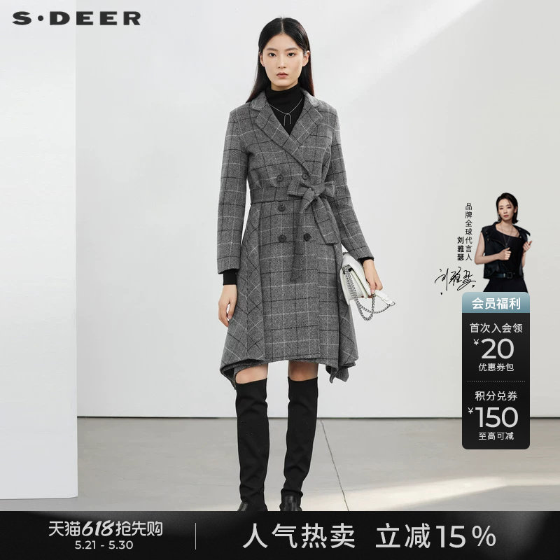 sdeer圣迪奥女装秋冬外套领格纹收腰千金毛呢长款大衣S2248