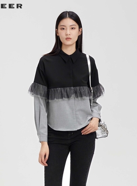 sdeer圣迪奥女装休闲翻领撞色网纱长袖衬衫S231Z0530