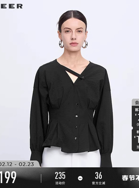 sdeer圣迪奥春秋装女装复古V领压褶设计感泡泡袖衬衫S233Z0527