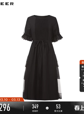 sdeer圣迪奥夏季女装圆领风琴褶收腰网纱绣花连衣裙S242Z1241