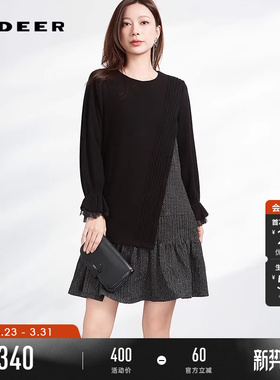 sdeer圣迪奥冬季女装时尚圆领压褶格纹网纱连衣裙S234Z12G4