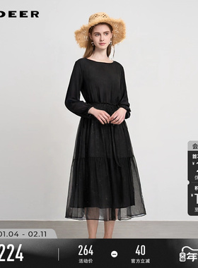 sdeer圣迪奥2025秋装复古圆领收腰网纱肌理连衣裙S243Z1272