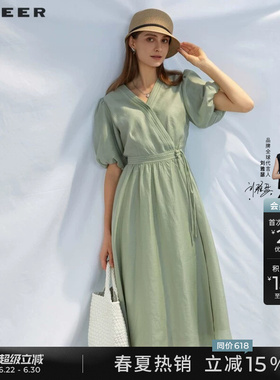 sdeer圣迪奥夏季女装淡人V领收腰泡泡袖新中式连衣裙S232Z12DN