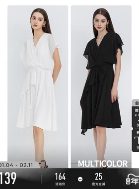 sdeer圣迪奥设计感连衣裙春装V领木耳边垂坠复古长裙S223Z12N9