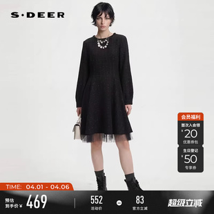 sdeer圣迪奥女装 OL风圆领格纹网纱拼接连衣裙S261Z1216 26年春新品