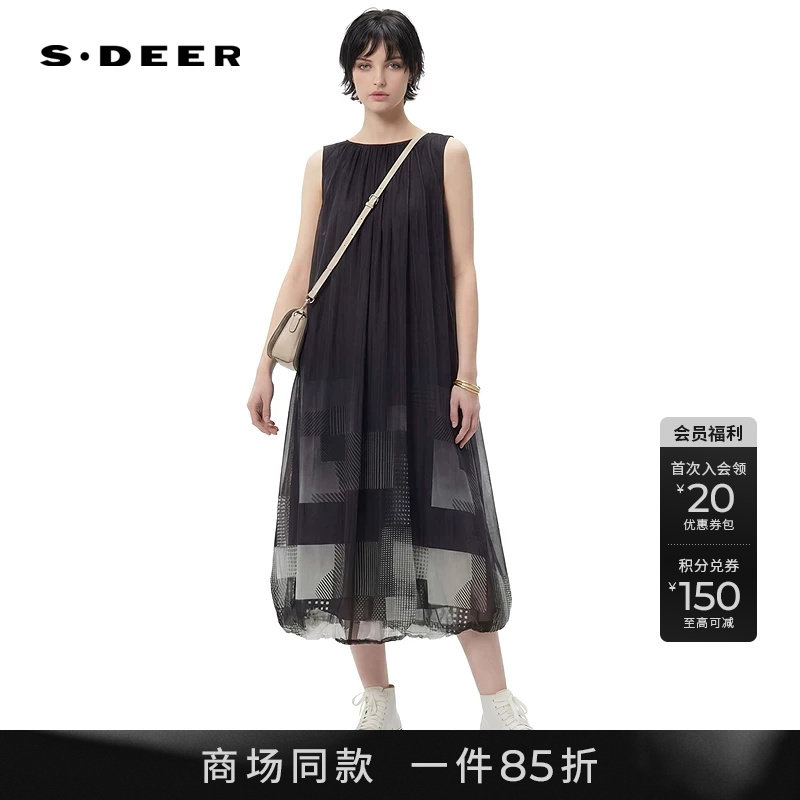 【商场同款】sdeer圣迪奥女复古圆领网纱印花无袖连衣裙S262