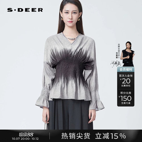 sdeerOL风V领压褶印花不规则衬衫