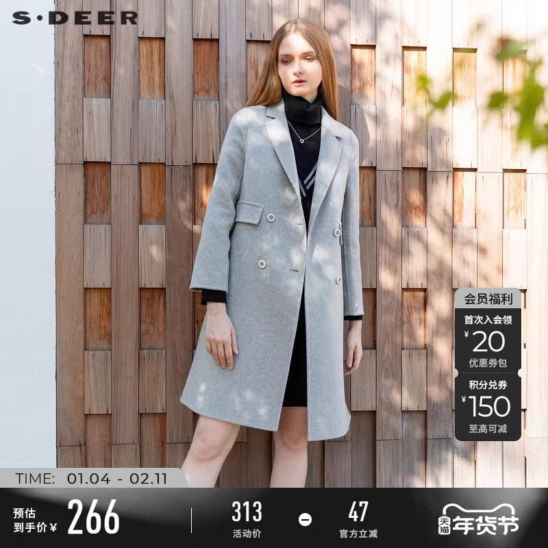 sdeer圣迪奥冬季西装领双排扣长款双面呢大衣女S21461809