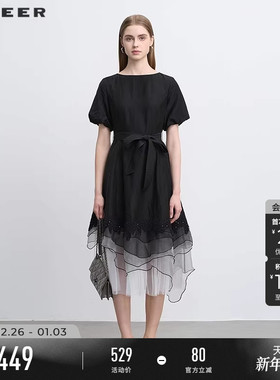 【流动金属】sdeer圣迪奥新品女不规则欧根纱短袖连衣裙S252Z1201
