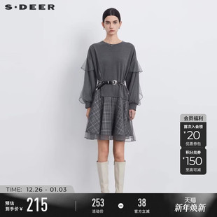 sdeer圣迪奥秋装 圆领格纹网纱拼接卫衣连衣裙S233Z12S9 女装