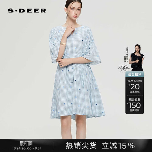 sdeer绣花收腰格纹喇叭袖连衣裙