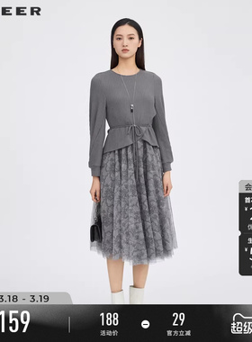sdeer圣迪奥春秋装女装圆领收腰印花网纱长袖连衣裙S223Z129N