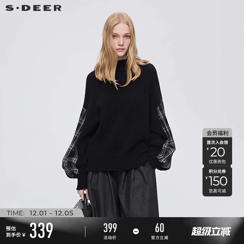 sdeer圆领撞色格纹灯笼袖针织衫