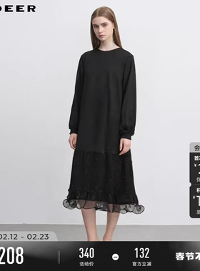 sdeer圣迪奥秋冬装女装时尚圆领网纱不规则连衣裙S244Z1205