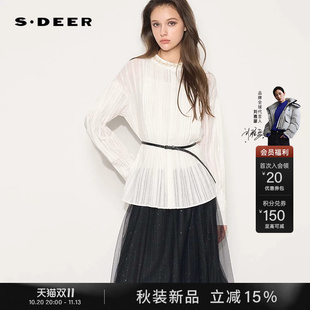 sdeer圣迪奥26年秋新品复古圆领钉珠风琴褶宽松长袖衬衫S263Z0524