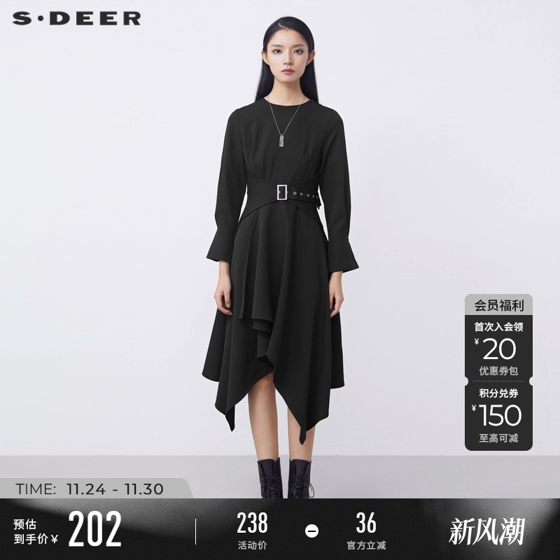s.deer女装圆领收腰长袖连衣裙