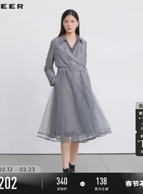 sdeer圣迪奥女装翻领收腰网纱拼接长款风衣S223Z1815