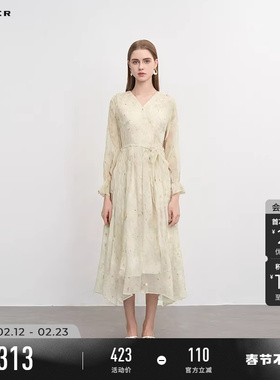 sdeer圣迪奥春秋装女装复古V领收腰印花不规则连衣裙S243Z1216