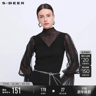 针织衫 高领镂空波点网纱泡泡袖 S233D3506 女装 sdeer圣迪奥秋装