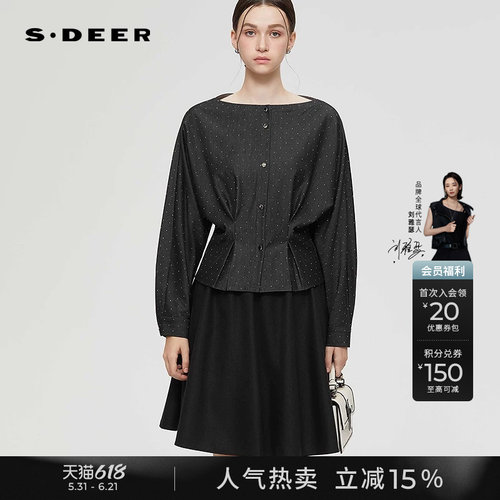 sdeerOL风圆领波点压褶长袖衬衫