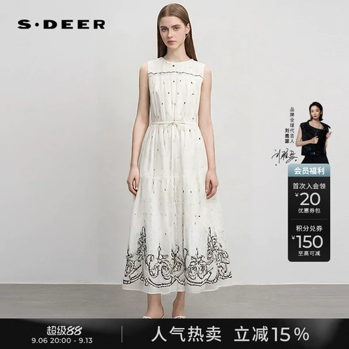 sdeer波点绣花收腰无袖连衣裙