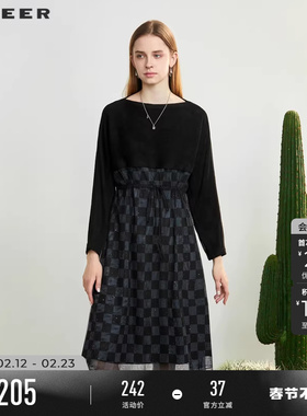 sdeer圣迪奥春装女装圆领褶皱格纹收腰网纱连衣裙S231Z1279