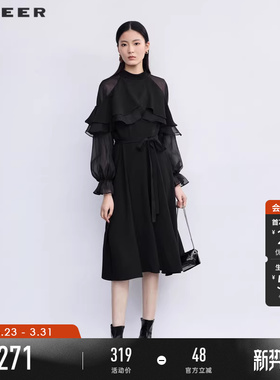 sdeer圣迪奥春秋装女装圆领网纱收腰不规则长袖连衣裙S223Z128U