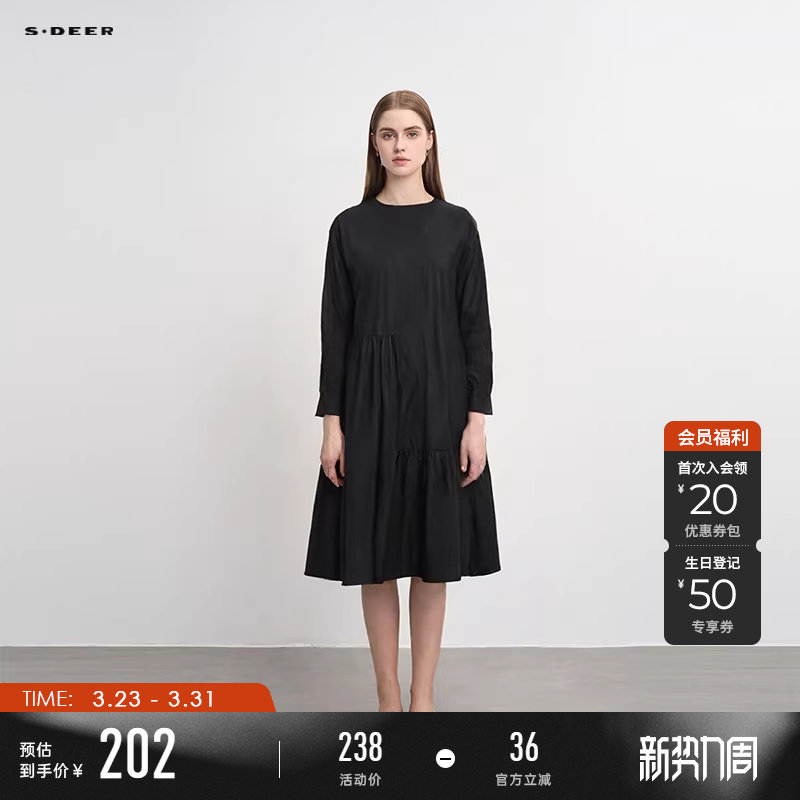sdeer圣迪奥春秋装女装休闲圆领抽褶不规则宽松连衣裙S243Z1264