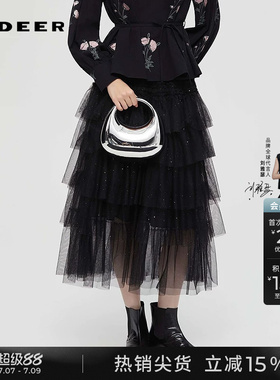 sdeer圣迪奥女装秋装时尚松紧高腰抽褶网纱蛋糕长裙S253Z1149