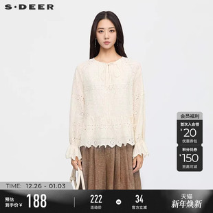 sdeer圣迪奥女装 度假风圆领系带镂空绣花上衣S253Z3202 25秋季
