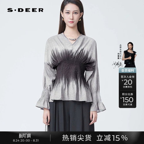 sdeerOL风V领压褶印花不规则衬衫