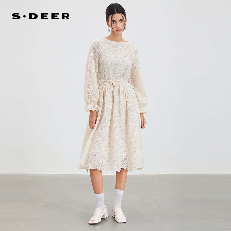 sdeer圣迪奥女装春秋装圆领绣花蕾丝网纱灯笼袖连衣裙S253Z12B3