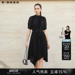 sdeer圣迪奥夏季女装圆领风琴褶收腰不规则短袖连衣裙S23281204
