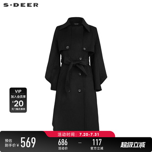 sdeer圣迪奧秋冬裝 大衣S233Z2515 翻領(lǐng)雙排扣收腰毛呢外套長款 女裝