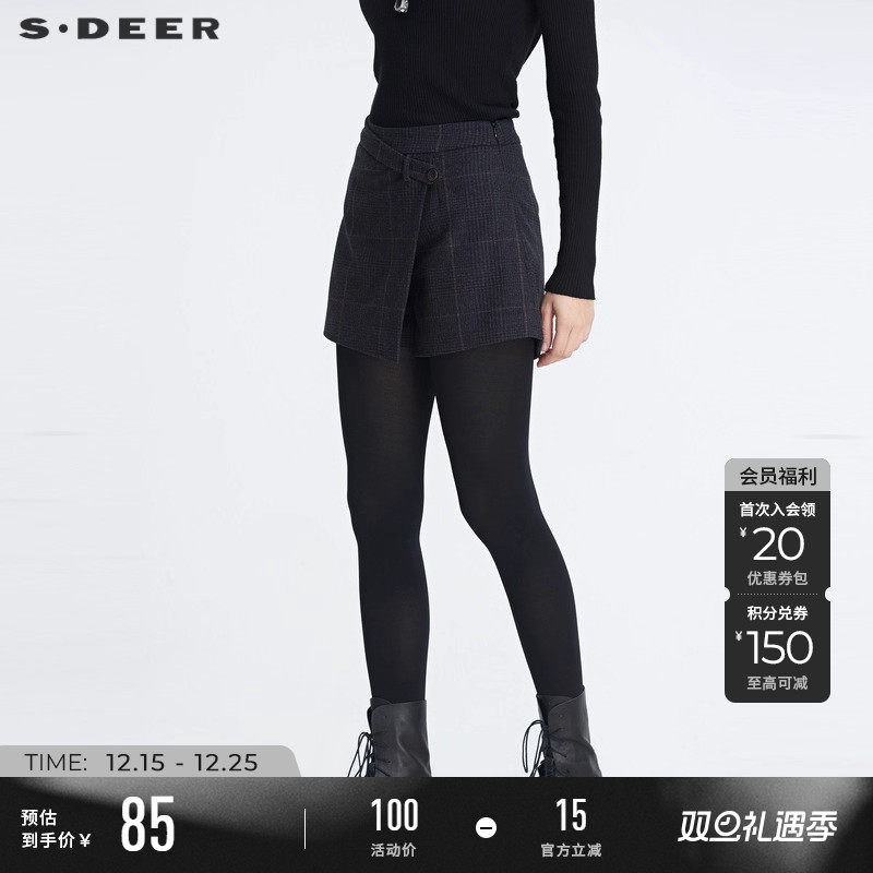 sdeer格纹拼接外穿宽松毛呢短裤