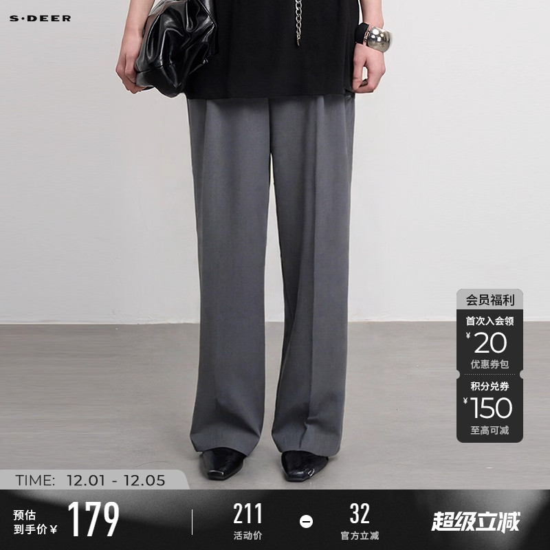sdeer圣迪奥秋季女装OL风松紧拼接插袋压褶阔腿长裤S233Z0811