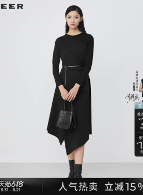 sdeer圣迪奥冬装女装圆领收腰长袖黑色连衣裙S21481222