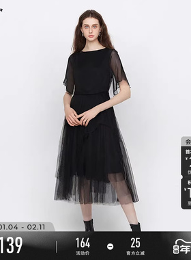 sdeer圣迪奥夏装女装圆领网纱雪纺收腰短袖连衣裙S223Z12B4