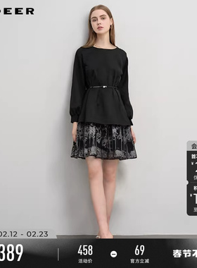 sdeer圣迪奥秋冬季女装圆领收腰绣花网纱长袖连衣裙S244Z1284
